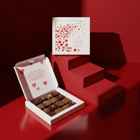 Boîte trottoir personnalisée en carton souple, élégante et légère, idéale pour sublimer et protéger vos chocolats tout en valorisant l’identité de votre marque.