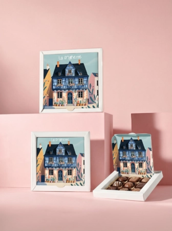 Boîte trottoir personnalisée en carton souple, élégante et légère, idéale pour sublimer et protéger vos chocolats tout en valorisant l’identité de votre marque.