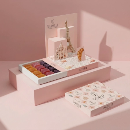Boîte pop-up personnalisée élégante dévoilant des chocolats et douceurs avec originalité.