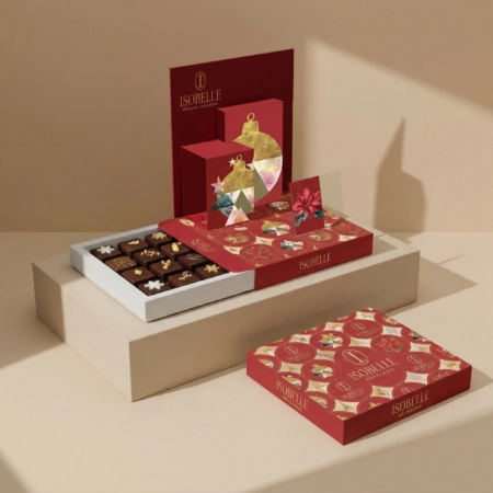 Boîte pop-up personnalisée élégante dévoilant des chocolats et douceurs avec originalité.