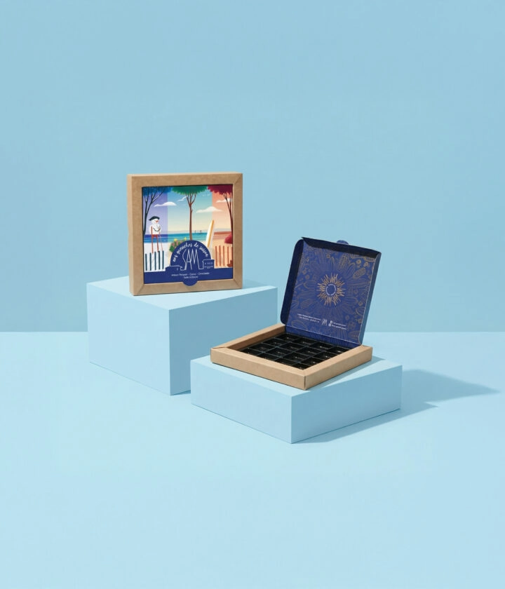 Boîte trottoir personnalisée en carton souple, élégante et légère, idéale pour sublimer et protéger vos chocolats tout en valorisant l’identité de votre marque.