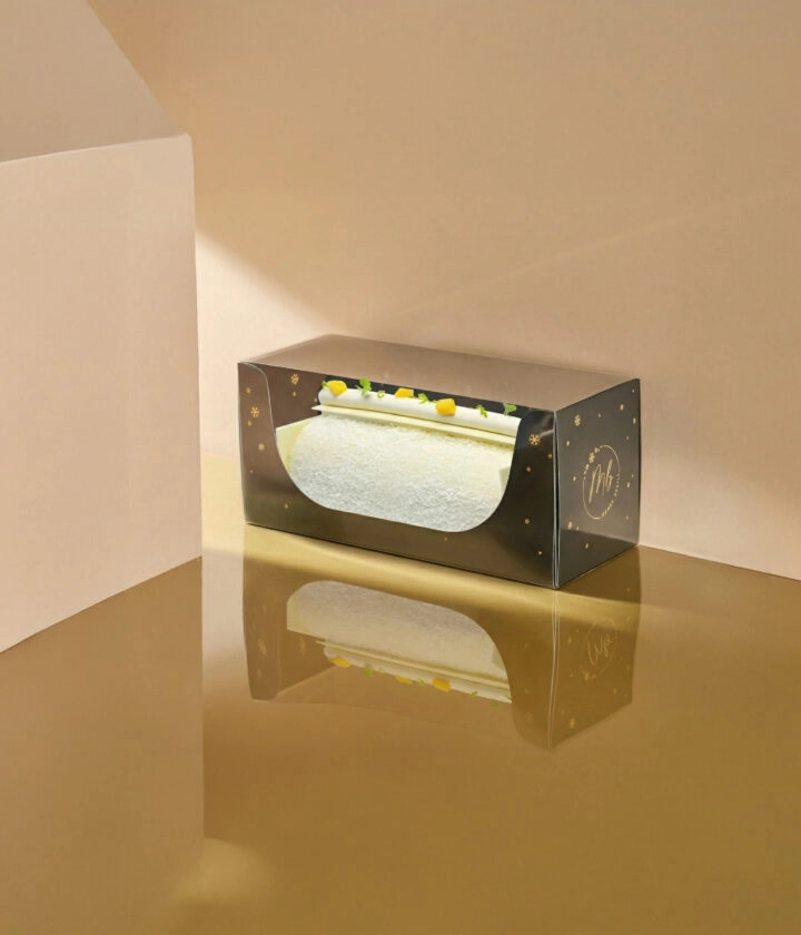 Boîte bûche Prestige transparente personnalisée, idéale pour sublimer et transporter vos bûches.