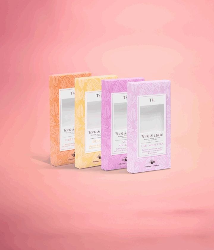 Emballage tablette en carton personnalisable pour tablette de chocolats, avec découpe et finitions haut de gamme et impression sur mesure