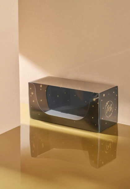 Boîte bûche Prestige transparente personnalisée, idéale pour sublimer et transporter vos bûches.