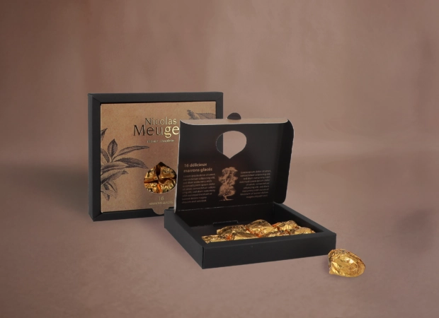Boîte personnalisée de marrons glacés, emballage élégant pour les fêtes, disponible en plusieurs formats.