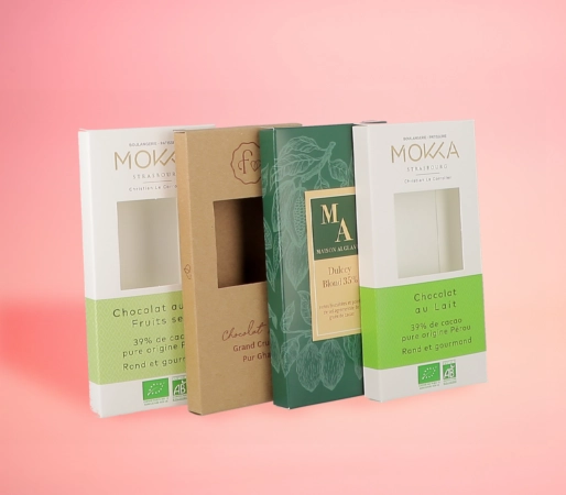 Emballage tablette en carton personnalisable pour chocolats, avec finitions haut de gamme et impression sur mesure
