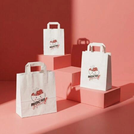 Sac en papier personnalisé avec poignée plate, idéal pour emballer et transporter des produits artisanaux sucrés ou salés, avec impression de logo et design de marque.