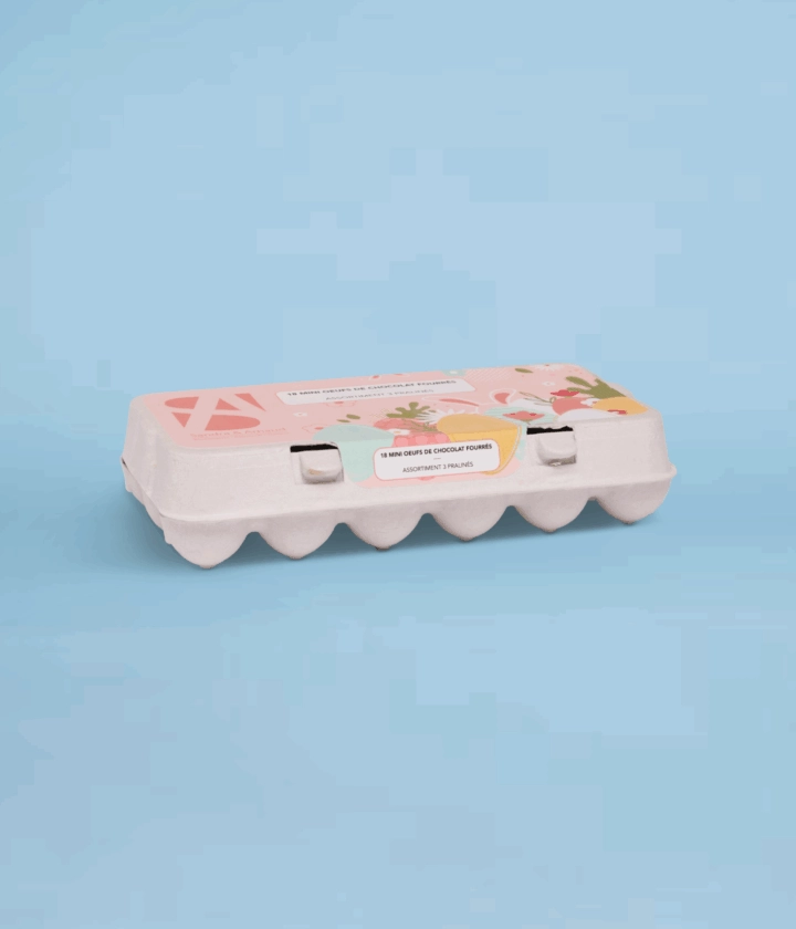 Boîte oeuf personnalisée pour chocolats avec toit plat, étiquette unique, emballage élégant et protecteur.