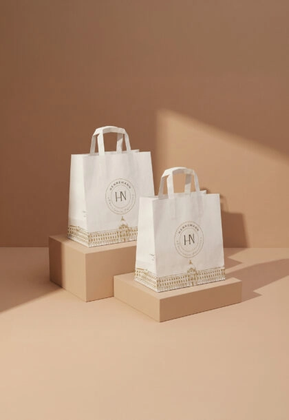 Sac en papier personnalisé avec poignée plate, idéal pour emballer et transporter des produits artisanaux sucrés ou salés, avec impression de logo et design de marque.
