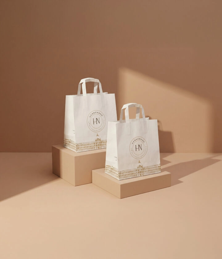 Sac en papier personnalisé avec poignée plate, idéal pour emballer et transporter des produits artisanaux sucrés ou salés, avec impression de logo et design de marque.