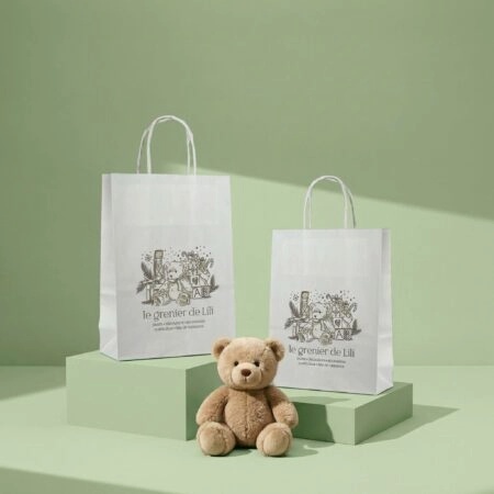 Sac en papier personnalisé avec poignée ficelle, idéal pour le conditionnement de chocolats, confiseries, produits salés ou sucrés, avec logo et visuel de marque imprimés.