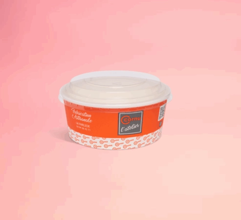 Saladier en carton personnalisé avec couvercle, emballage alimentaire pour salades et préparations froides.