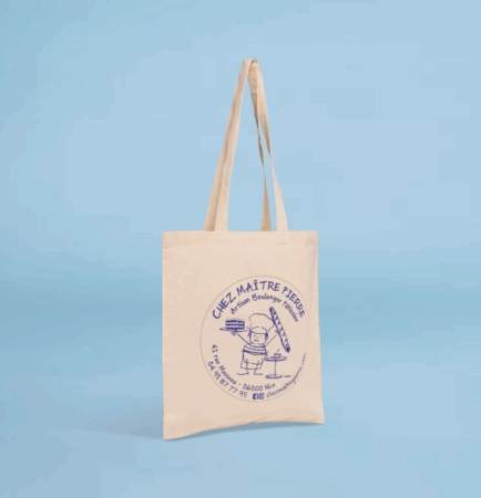 Sac en coton personnalisé avec logo, idéal pour boulangeries et commerces de proximité.