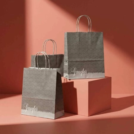 Sac en papier personnalisé avec poignée ficelle, idéal pour le conditionnement de chocolats, confiseries, produits salés ou sucrés, avec logo et visuel de marque imprimés.