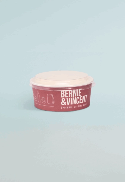 Saladier en carton personnalisé avec couvercle, emballage alimentaire pour salades et préparations froides.