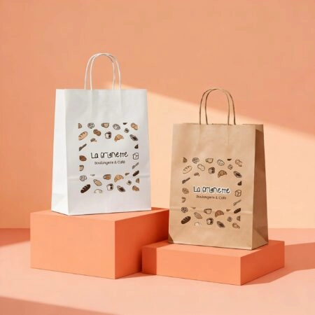 Sac en papier personnalisé avec poignée ficelle, idéal pour le conditionnement de chocolats, confiseries, produits salés ou sucrés, avec logo et visuel de marque imprimés.