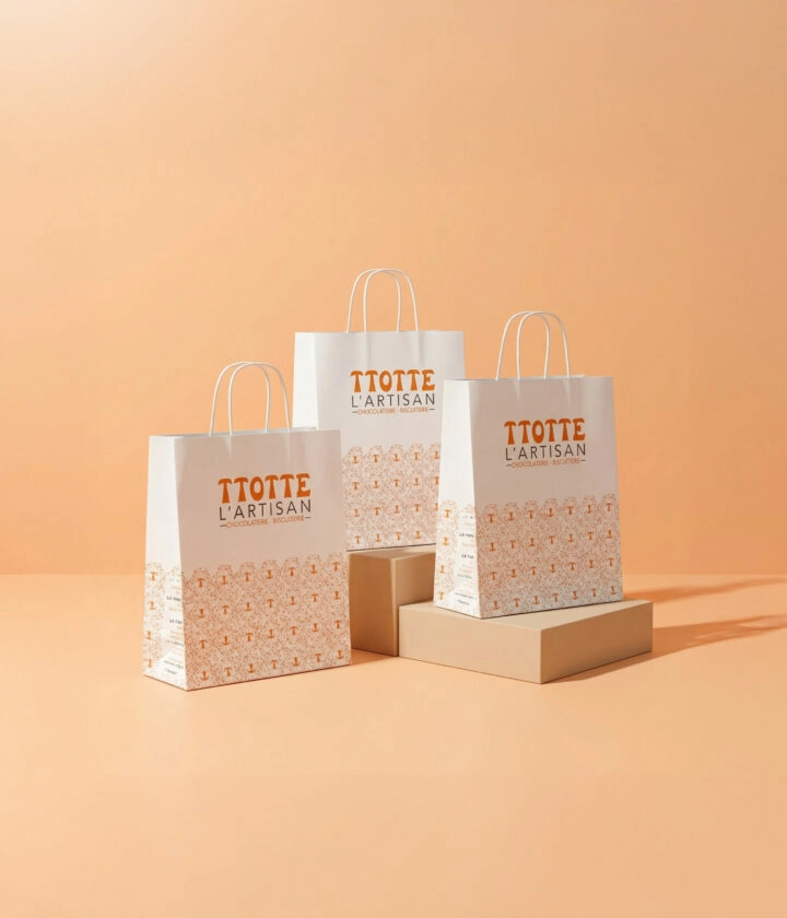 Sac en papier personnalisé avec poignée ficelle, idéal pour le conditionnement de chocolats, confiseries, produits salés ou sucrés, avec logo et visuel de marque imprimés.