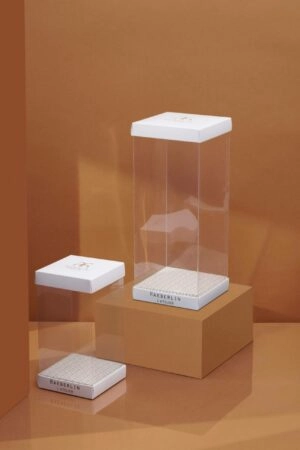 Boîte moulage transparente personnalisée avec socle personnalisable, mettant en valeur des moules en chocolat tels que poules, œufs et autres créations gourmandes, pour une présentation élégante.
