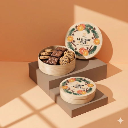 Boîte en bois alimentaire personnalisée avec logo, idéale pour la présentation et l'emballage de produits fins, sucrés ou salés.