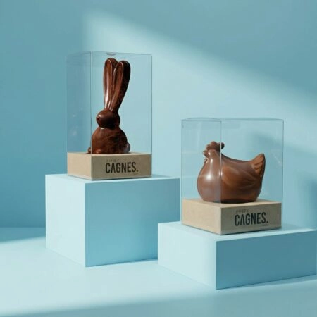 Boîte moulage transparente personnalisée avec socle personnalisable, mettant en valeur des moules en chocolat tels que poules, œufs et autres créations gourmandes, pour une présentation élégante.