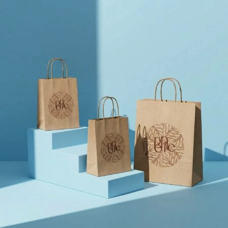 Sac en papier personnalisé avec poignée ficelle, idéal pour le conditionnement de chocolats, confiseries, produits salés ou sucrés, avec logo et visuel de marque imprimés.