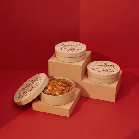 Boîte en bois alimentaire personnalisée avec logo, idéale pour la présentation et l'emballage de produits fins, sucrés ou salés.