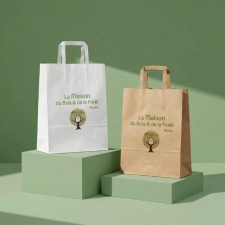 Sac en papier personnalisé avec poignée plate, idéal pour emballer et transporter des produits artisanaux sucrés ou salés, avec impression de logo et design de marque.