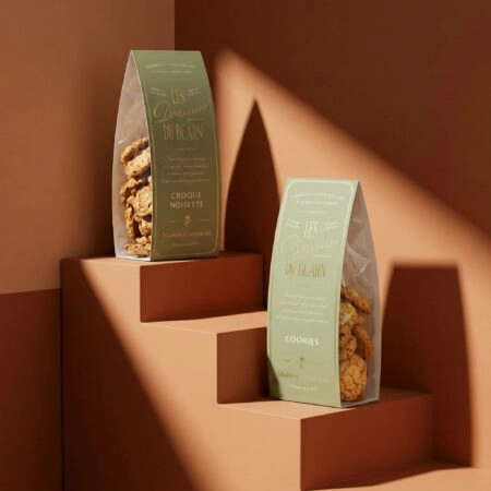 Sachet SOS personnalisé avec logo et design sur mesure, utilisé pour emballer des créations sucrées.
