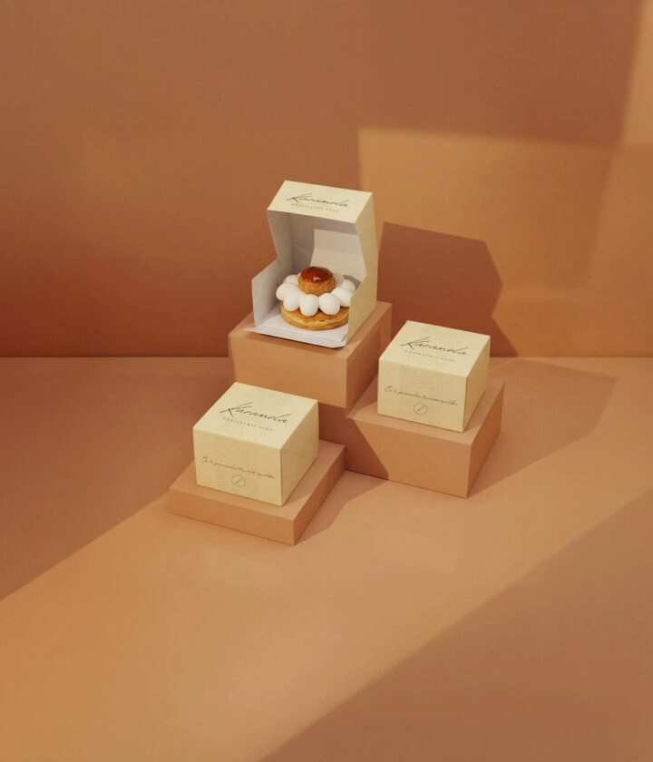 Boîte pâtissière personnalisée – emballage élégant et protecteur pour pâtisseries et desserts raffinés.