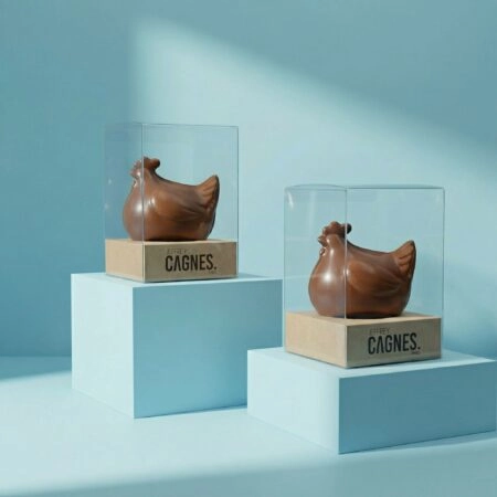 Boîte moulage transparente personnalisée avec socle personnalisable, mettant en valeur des moules en chocolat tels que poules, œufs et autres créations gourmandes, pour une présentation élégante.
