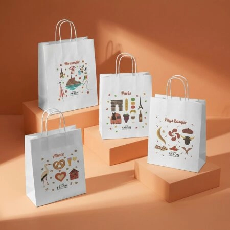 Sac en papier personnalisé avec poignée ficelle, idéal pour le conditionnement de chocolats, confiseries, produits salés ou sucrés, avec logo et visuel de marque imprimés.