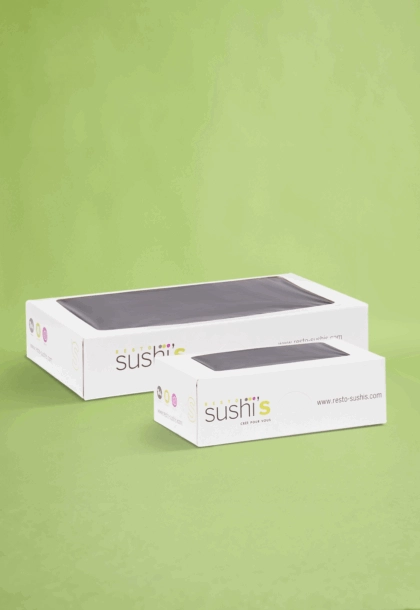 Boîte à sushi personnalisée, idéale pour la vente à emporter et la mise en valeur de vos créations.