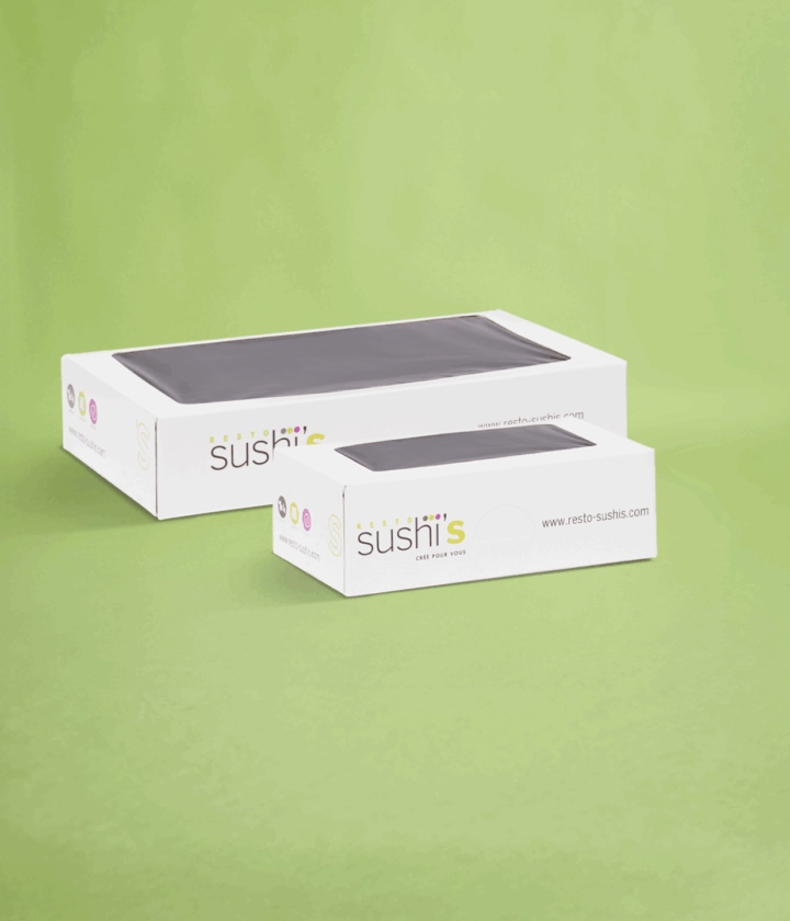Boîte à sushi personnalisée, idéale pour la vente à emporter et la mise en valeur de vos créations.