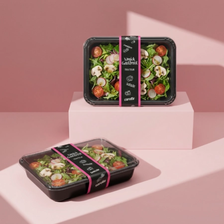 Barquette avec bague personnalisée, idéal pour le transport et la protection de préparations sucrées et salées en vente à emporter, en restauration rapide ou lors d’événements.