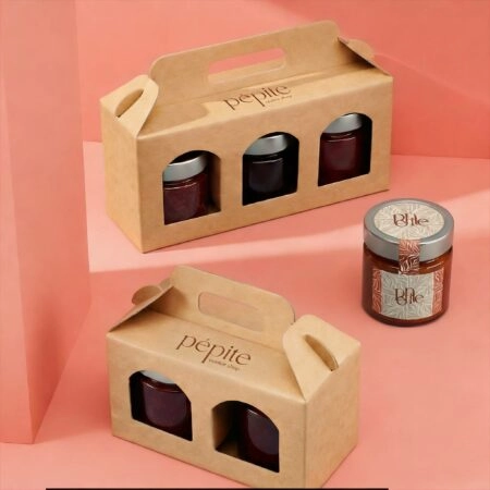 Valisette en kraft pour pot en verre personnalisé, emballage pour transporter pâte à tartiner, confiture et autres produits tartinables.