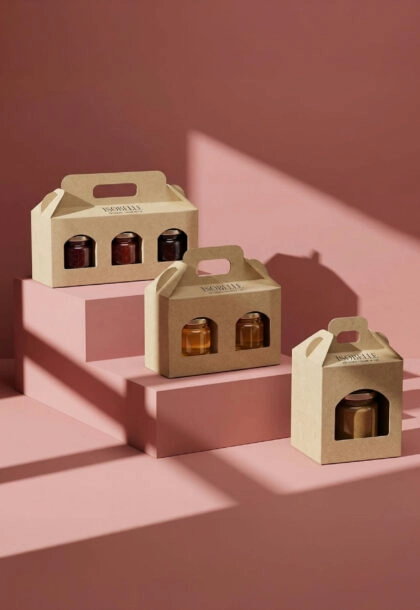 Valisette en kraft pour pot en verre personnalisé, emballage pour transporter pâte à tartiner, confiture et autres produits tartinables.