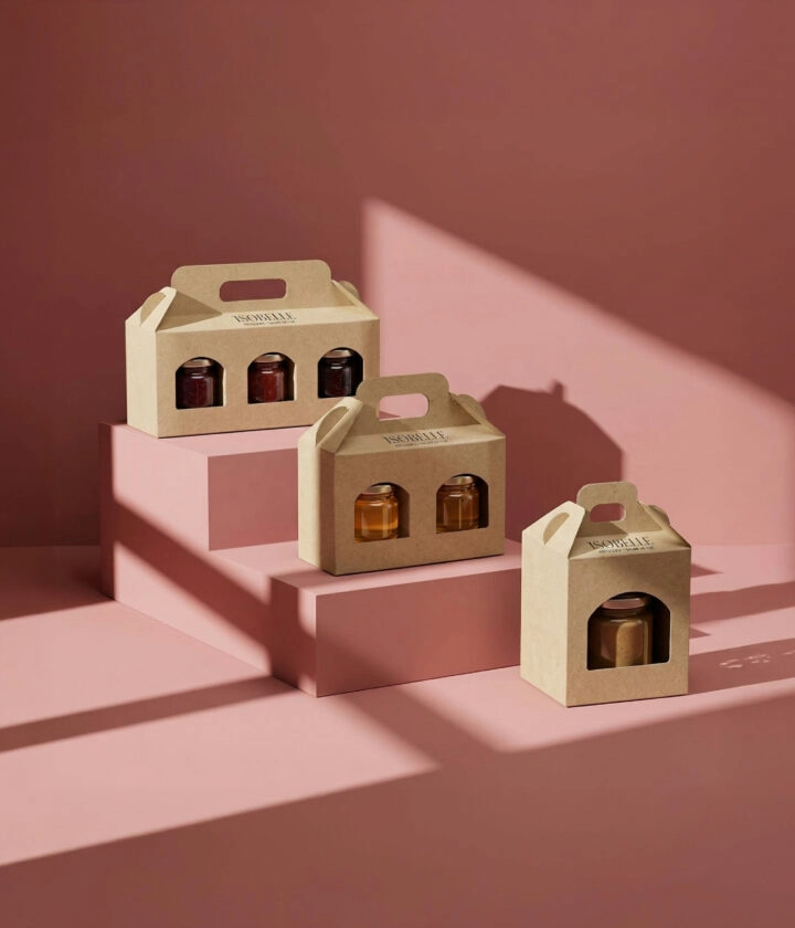 Valisette en kraft pour pot en verre personnalisé, emballage pour transporter pâte à tartiner, confiture et autres produits tartinables.