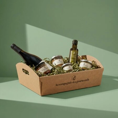 Corbeille personnalisée pour paniers garnis et cadeaux alimentaires, conçue pour regrouper et présenter plusieurs produits alimentaires dans un emballage pratique, solide et adapté aux assortiments.