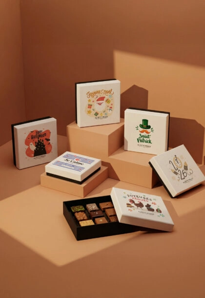 Boîte à couvercle coiffant personnalisée, pour chocolats, biscuits et confiseries