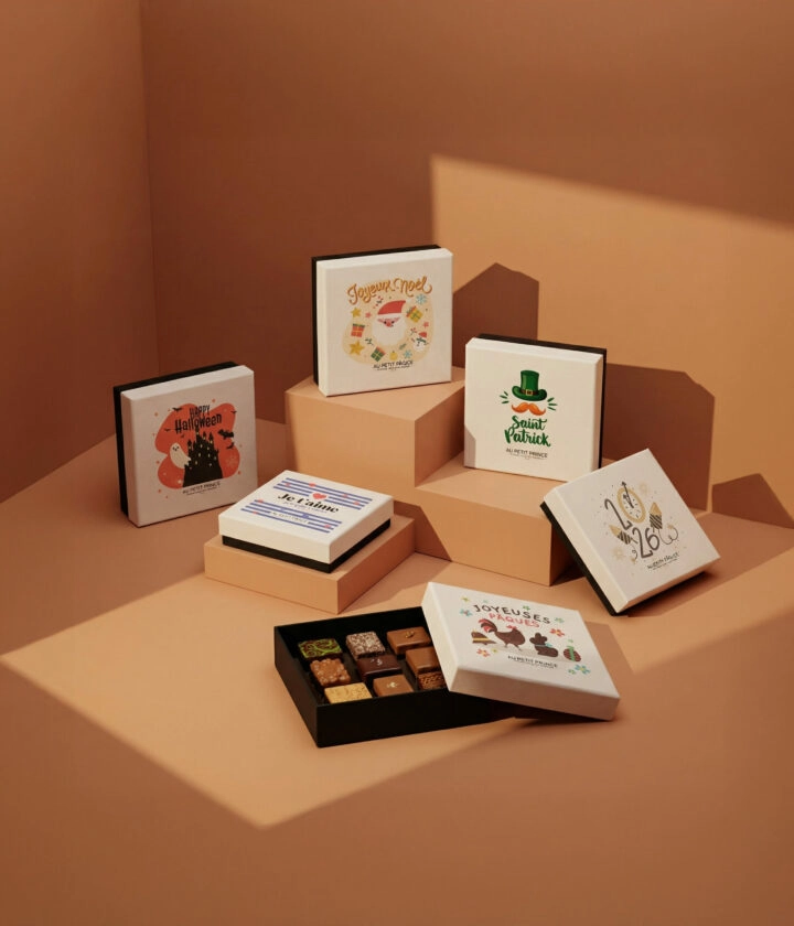 Boîte à couvercle coiffant personnalisée, pour chocolats, biscuits et confiseries