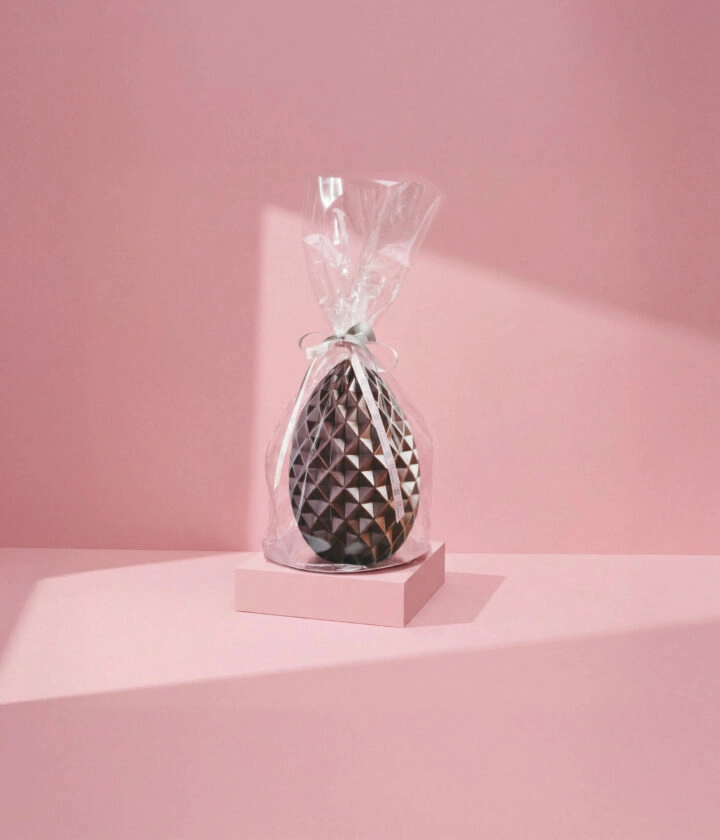 Sac moulage, mettant en valeur des moules en chocolat tels que poules, œufs et autres créations gourmandes, pour une présentation élégante.